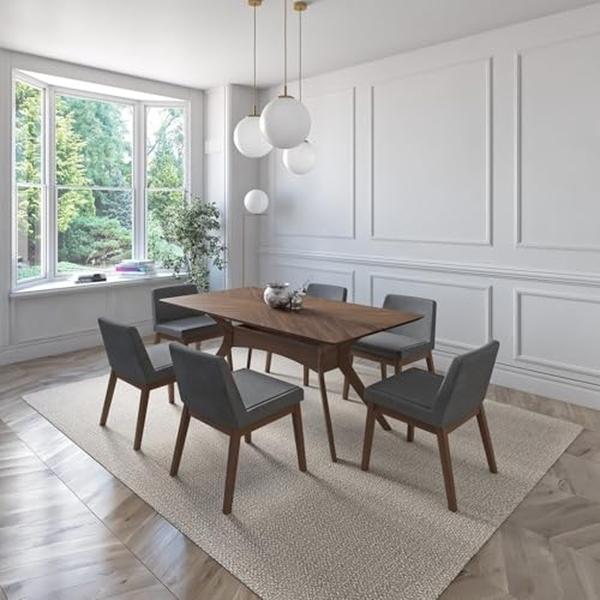 JUEGO DE COMEDOR LISBOA DE MADERA DE NOGAL CON 6 SILLAS TAPIZADAS GRIS OSCURO