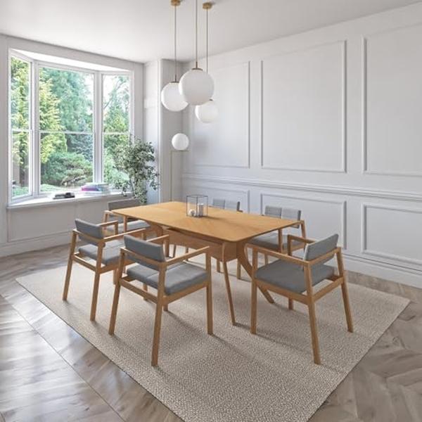 JUEGO DE COMEDOR CAPRI DE MADERA DE ROBLE CON 6 SILLAS TAPIZADAS GRIS CLARO