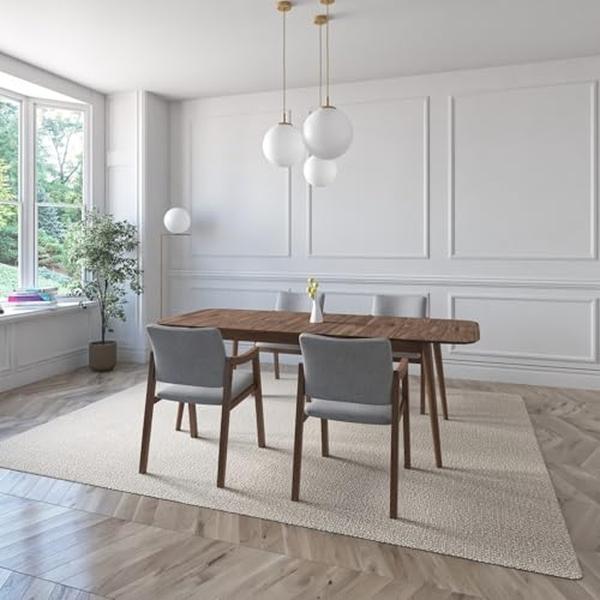 JUEGO DE COMEDOR EXTENSIBLE SEUL DE MADERA DE NOGAL CON 4 SILLAS TAPIZADAS GRIS CLARO