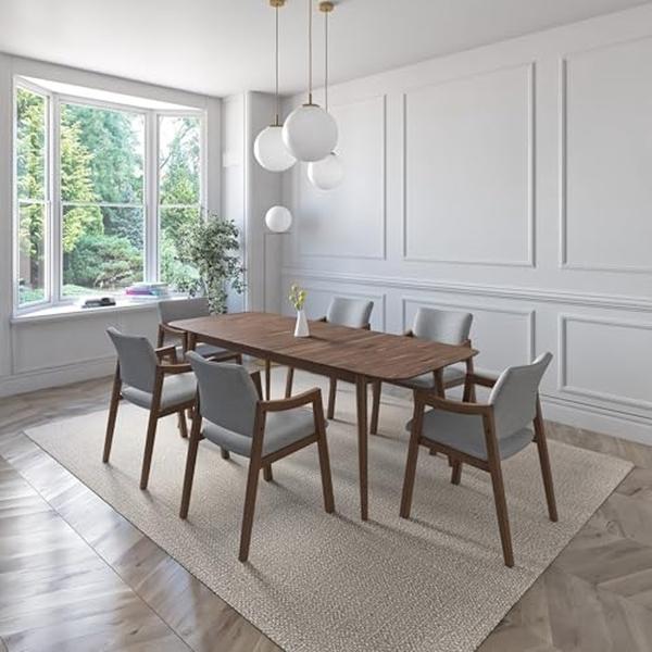 JUEGO DE COMEDOR EXTENSIBLE SEUL DE MADERA DE NOGAL CON 6 SILLAS TAPIZADAS GRIS CLARO
