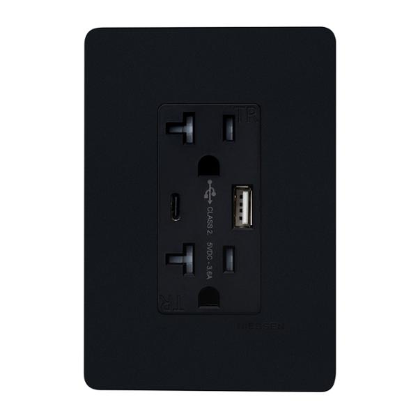 CONTACTO DÚPLEX CON CARGADOR USB TIPO A Y TIPO C Y PLACA DE PARED NEGRO MATE