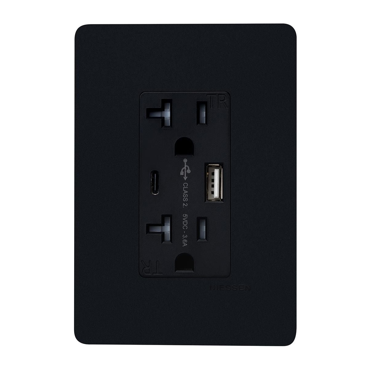 Contacto dúplex con cargador usb tipo a y tipo c y placa de pared negro mate