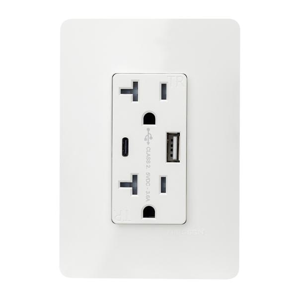 CONTACTO DÚPLEX CON CARGADOR USB TIPO A Y TIPO C Y PLACA DE PARED BLANCO