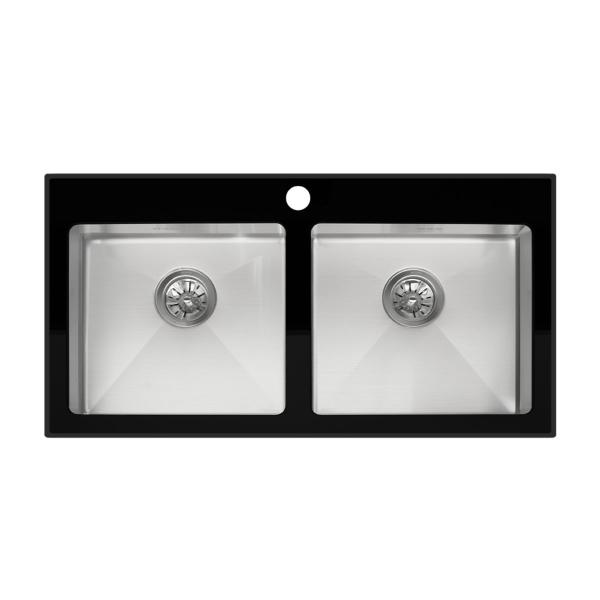 TARJA DE 2 TINAS 91 x 48.5 x 21.8 CM CUBIERTA DE CRISTAL NEGRO