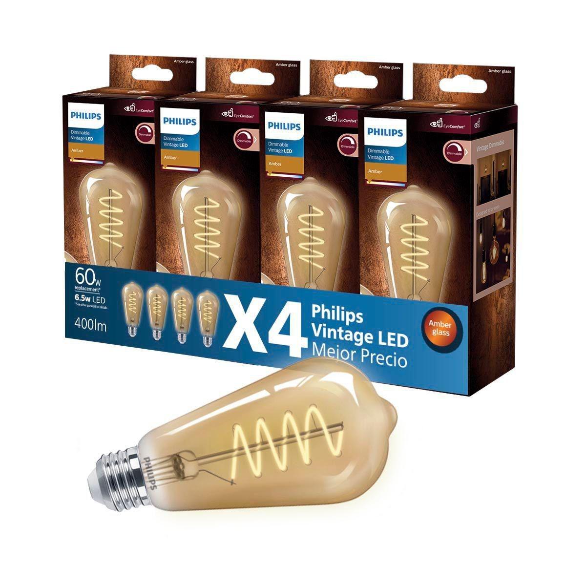 Paquete de 4 focos philips filamento led espiral - 6.5w st19 vintage - ambar