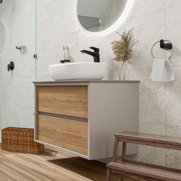 MUEBLE PARA BAÑO FLOTANTE CASCADE PLUS 28" TAUPÉ MDP AGLOMERADO CON LAVABO Y GRIFERIA