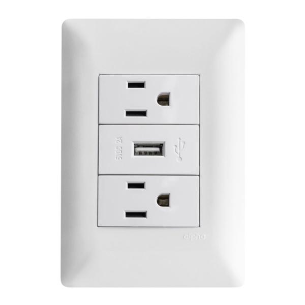 PLACA 3 MOD CON 2 CONTACTOS 2P+T Y TOMA USB A BLANCO
