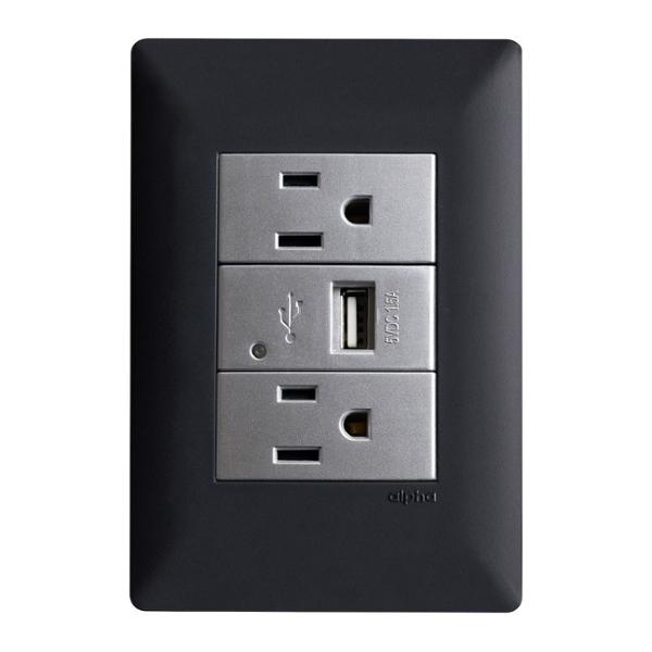 PLACA 3 MOD CON 2 CONTACTOS 2P+T Y TOMA USB A SILVER