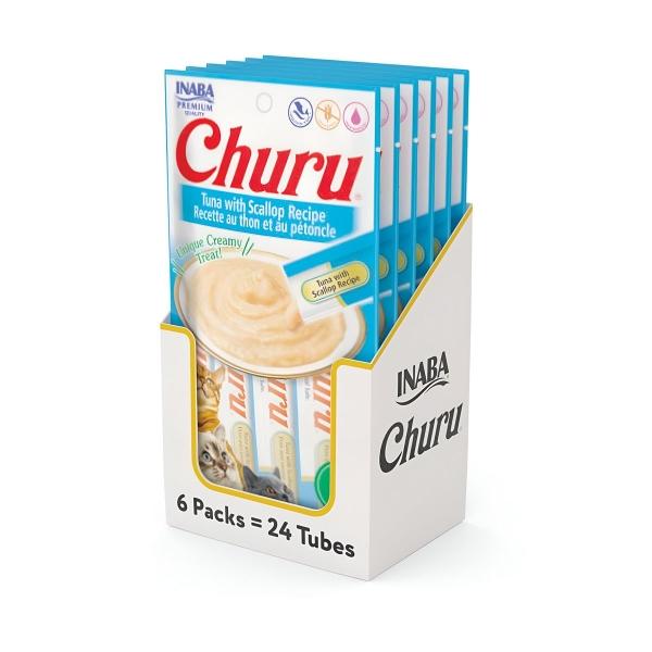 INABA PREMIOS PARA GATO CHURU SABOR ATÚN Y VIEIRA, PURÉ CREMOSO Y DELICIOSO, 4 TUBOS 14 GR C/U