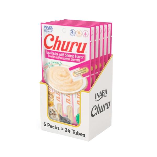 PREMIO CHURU PARA GATO SABOR ATÚN Y CAMARÓN CREMOSO BAJO EN CALORÍAS PAQUETE DE 4 TUBOS