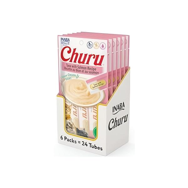 INABA PREMIOS PARA GATO CHURU SABOR ATÚN Y SALMÓN, PURÉ CREMOSO, 4 TUBOS 14 GR C/U