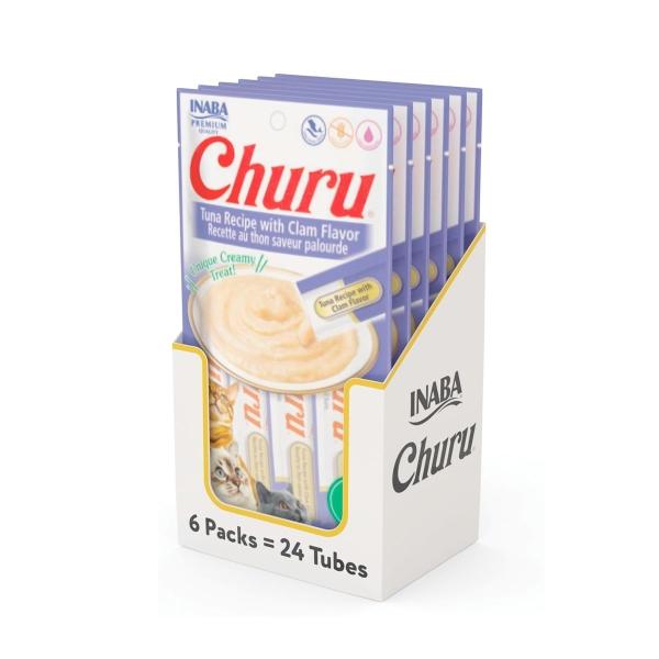 PREMIO CHURU PARA GATO SABOR ATÚN Y ALMEJAS, DELICIOSO, CREMOSO BAJO EN CALORÍAS. PAQUETE DE 4 TUBOS