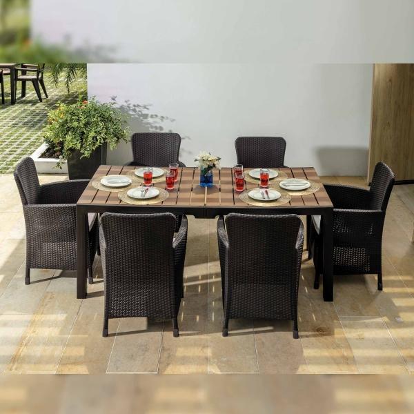 COMEDOR EXTERIOR 6 PUESTOS TIPO RATTAN PARA JARDIN TERRAZA ESTRUCTURA WENGUE MQ