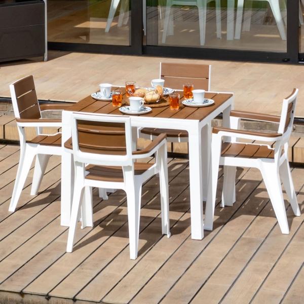 COMEDOR EXTERIOR 4 PUESTOS PARA JARDIN TERRAZA TIPO MADERA ESTRUCTURA CARAMELO MQ