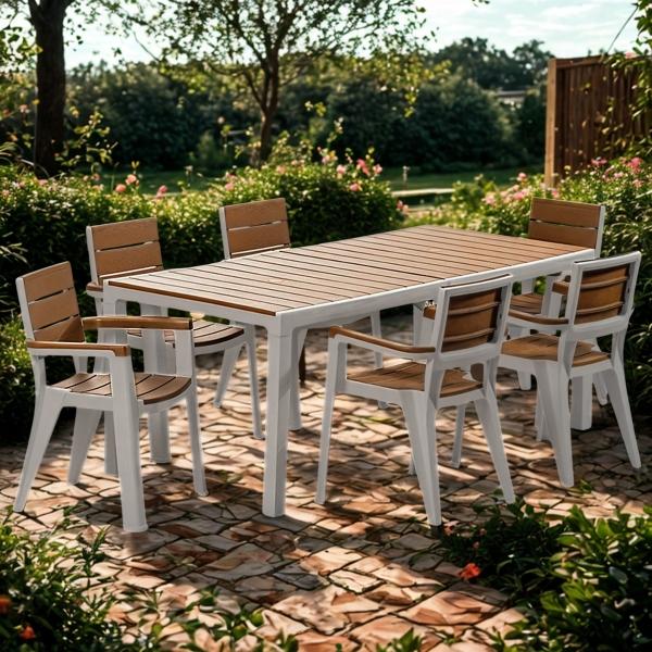 COMEDOR PARA EXTERIOR TIPO MADERA 6 PUESTOS JARDIN TERRAZA ESTRUCTURA CARAMELO MQ