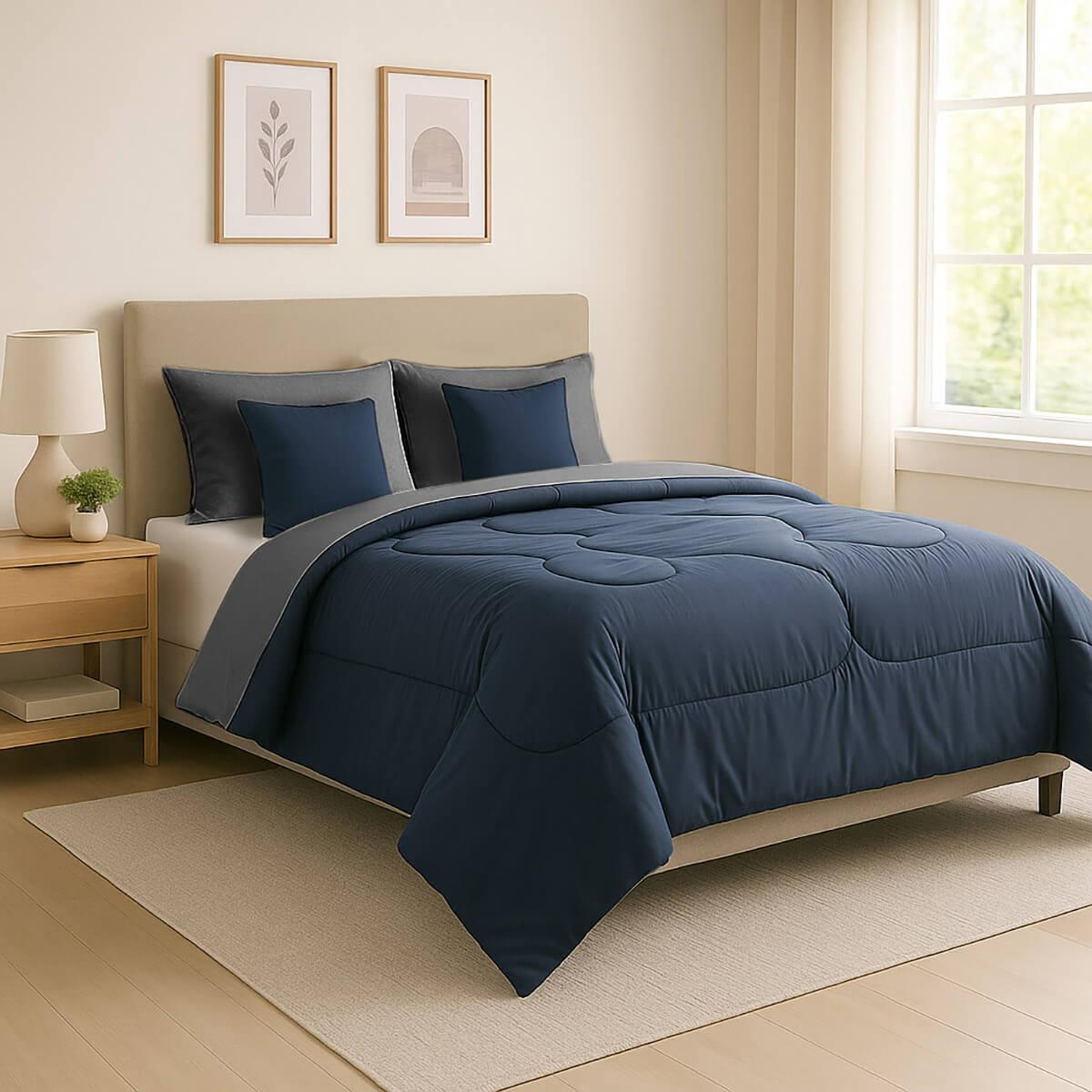 Edredón individual couzy doble vista azul/gris+ almohada one