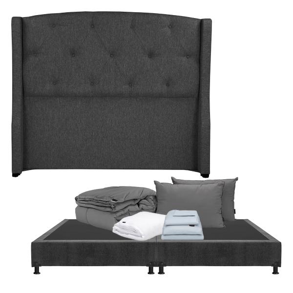 CABECERA KING SIZE DICASA ZEFYR COLOR GRIS + BOX +ROPA DE CAMA