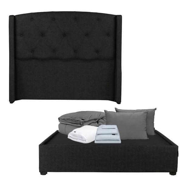 CABECERA QUEEN SIZE DICASA ZEFYR COLOR NEGRO + BASE CAMA + ROPA DE CAMA