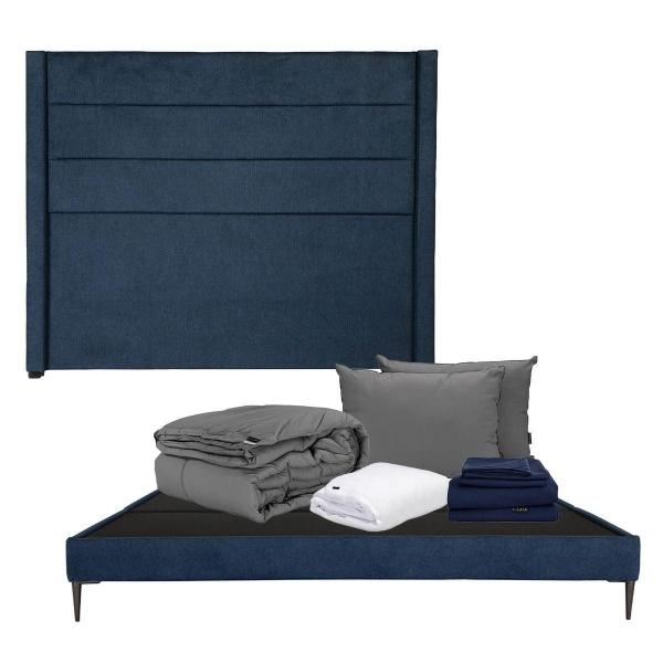 CABECERA KING SIZE DICASA LUGO COLOR AZUL +BASE SLIM + ROPA DE CAMA