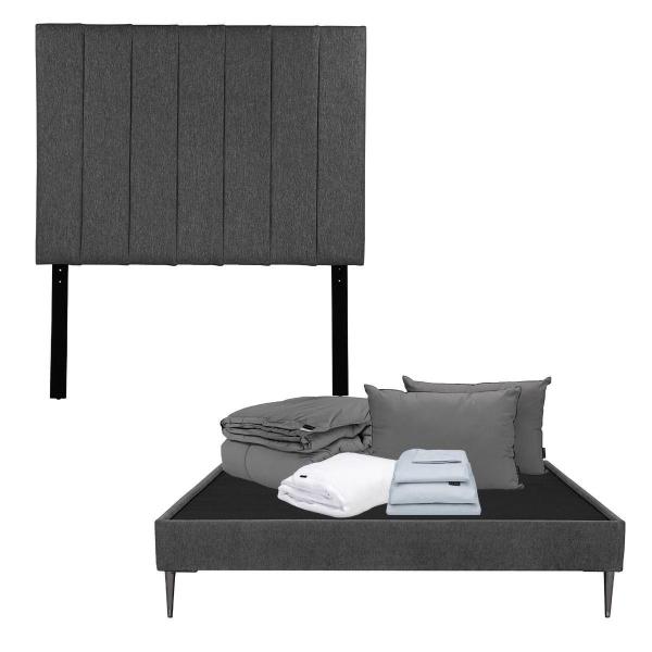CABECERA QUEEN SIZE DICASA ARGOS COLOR GRIS + BASE SLIM + ROPA DE CAMA