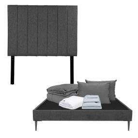 CABECERA QUEEN SIZE DICASA ARGOS COLOR GRIS + BASE SLIM + ROPA DE CAMA