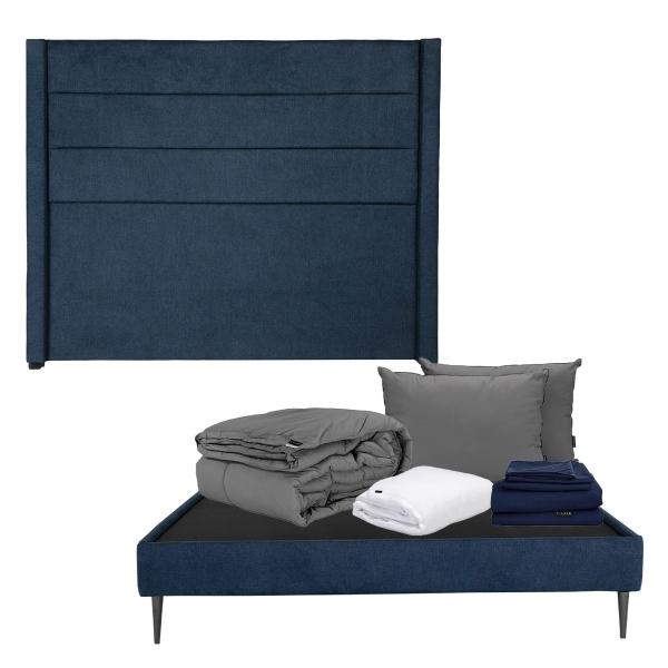 CABECERA QUEEN SIZE DICASA LUGO COLOR AZUL +BASE SLIM + ROPA DE CAMA