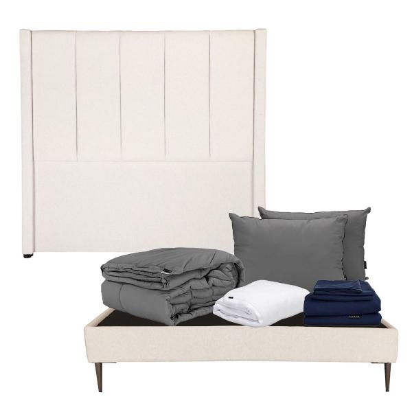 CABECERA QUEEN SIZE DICASA NIZZA COLOR BEIGE + BASE SLIM + ROPA DE CAMA