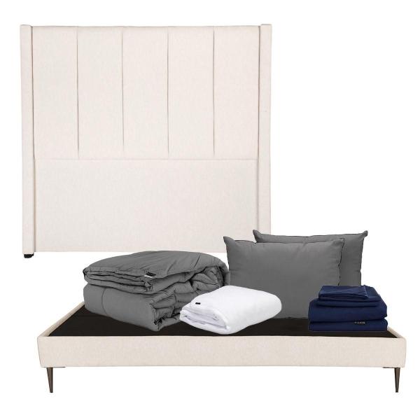 CABECERA KING SIZE DICASA NIZZA COLOR BEIGE + BASE SLIM + ROPA DE CAMA