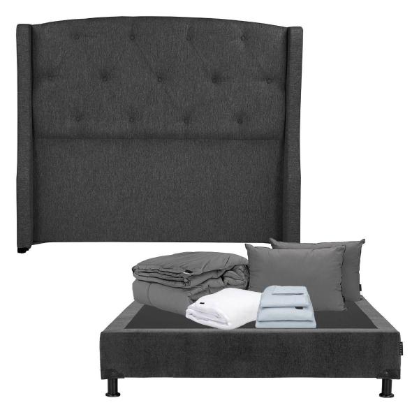 CABECERA QUEEN SIZE DICASA ZEFYR COLOR GRIS + BOX +ROPA DE CAMA