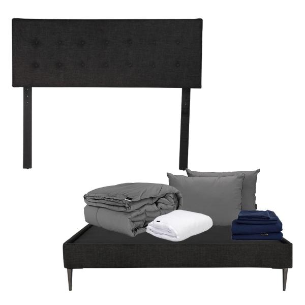 CABECERA QUEEN SIZE DICASA BILBAO COLOR NEGRO + BASE SLIM + ROPA DE CAMA