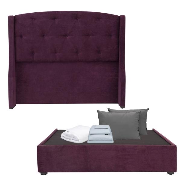 CABECERA MATRIMONIAL DICASA ZEFYR COLOR MORADO + BASE CAMA + ROPA DE CAMA