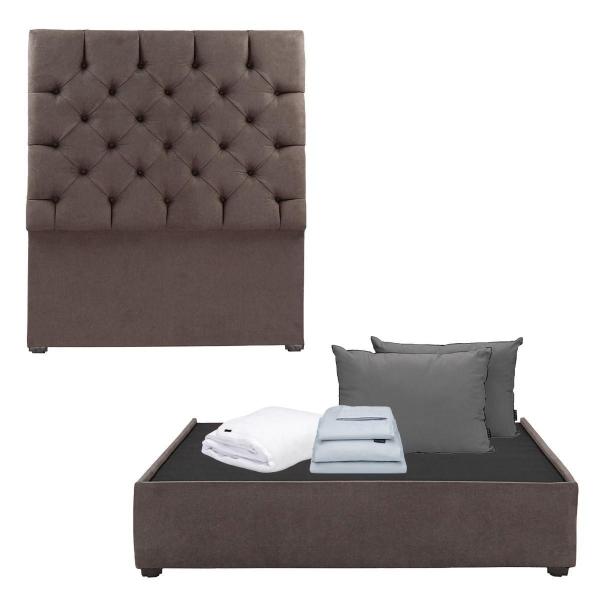 CABECERA INDIVIDUAL DICASA CAPRI CAFÉ + BASE CAMA + 2 ALMOHADAS+ PROTECTOR + SÁBANAS