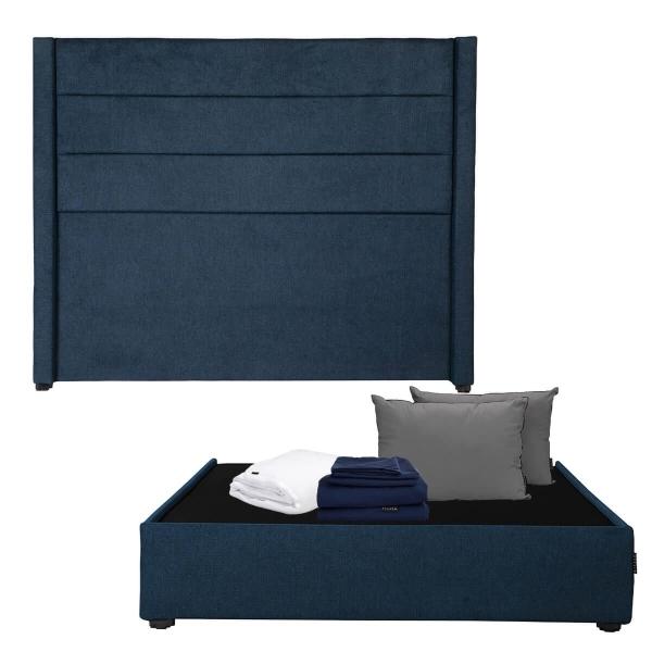 CABECERA QUEEN SIZE DICASA LUGO COLOR AZUL + BASE CAMA + 2 ALMOHADAS + PROTECTOR + SÁBANAS