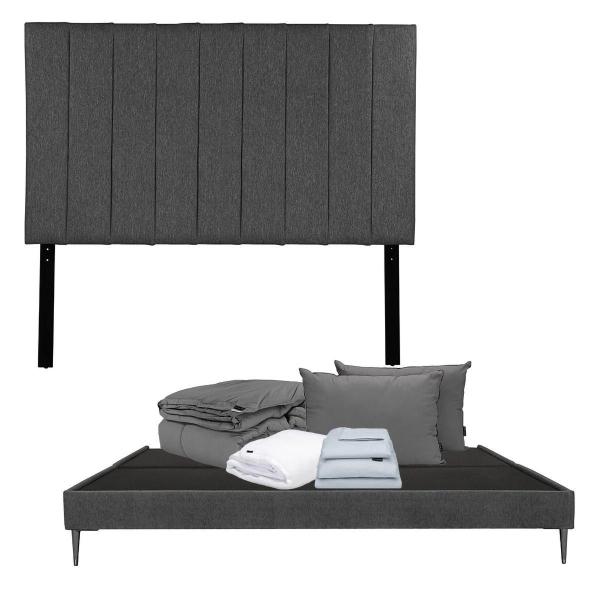 CABECERA KING SIZE DICASA ARGOS COLOR GRIS + BASE SLIM + ROPA DE CAMA