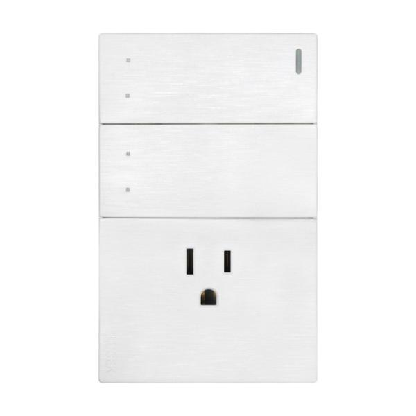 PLACA PLANA CON 2 INTERRUPTORES DE ESCALERA Y 1 CONTACTO DE 1 MÓDULO FLAT BLANCA