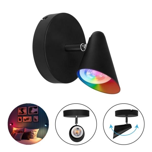 LAMPARA DE SOBREPONER EN TECHO CON FOCO GU10 RGB, 5W, COLOR NEGRO