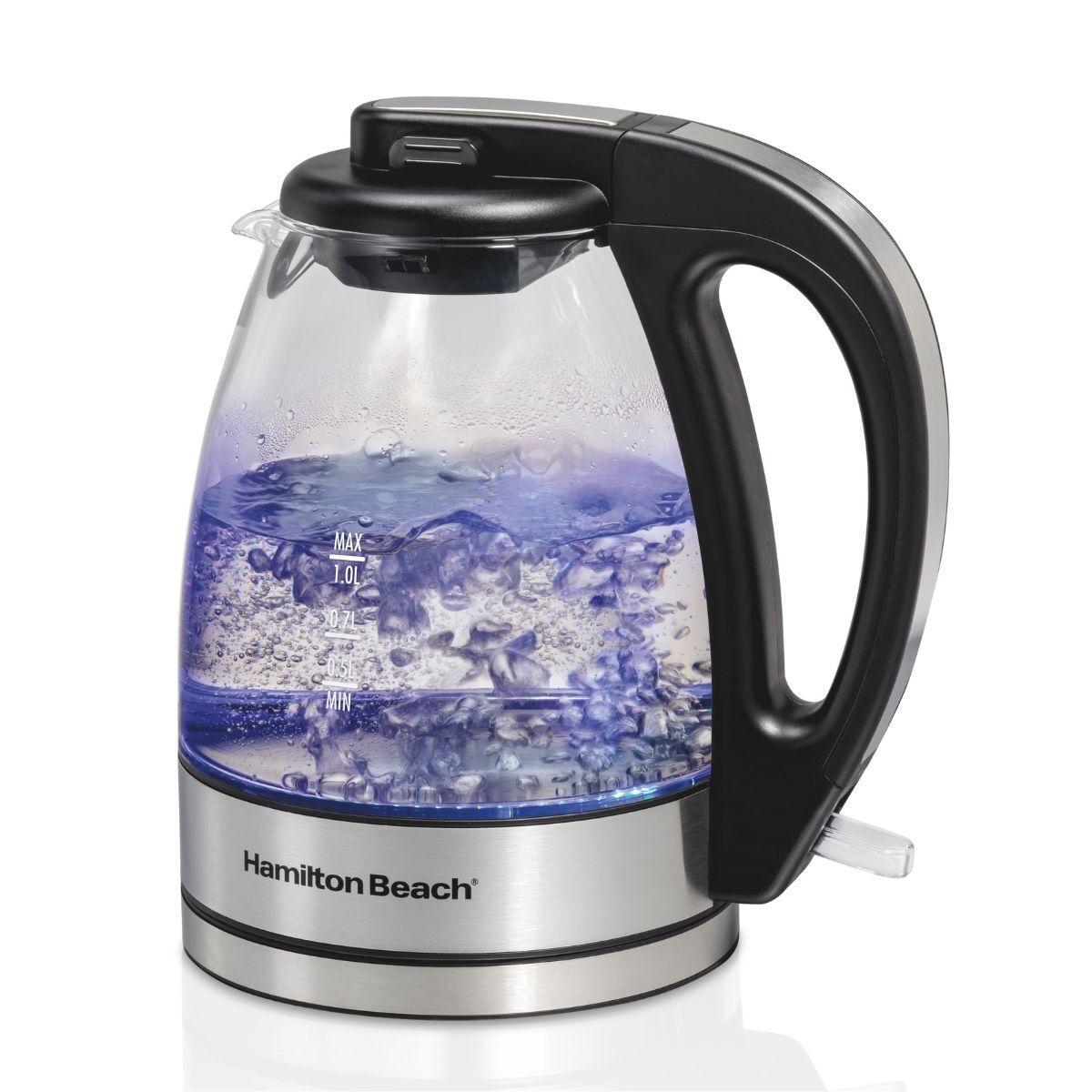 Hervidor de agua hamilton beach compacto de vidrio hamilton beach de 1 litro, iluminación azul suave