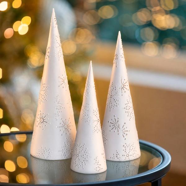 SET DECORATIVO NAVIDEÑO PINOS MODERNO BLANCO HIERRO 3 PIEZAS