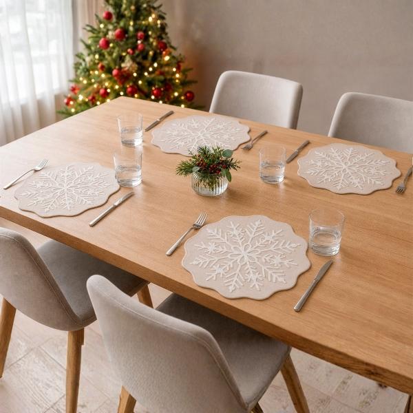 SET DE MANTELES INDIVIDUALES NAVIDEÑOS COPO DE NIEVE BEIGE POLIÉSTER 4 PIEZAS