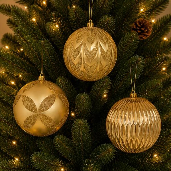 ESFERA NAVIDEÑA 1 PIEZA 20 CM DORADO 3 DISEÑOS DIFERENTES CON BRILLOS