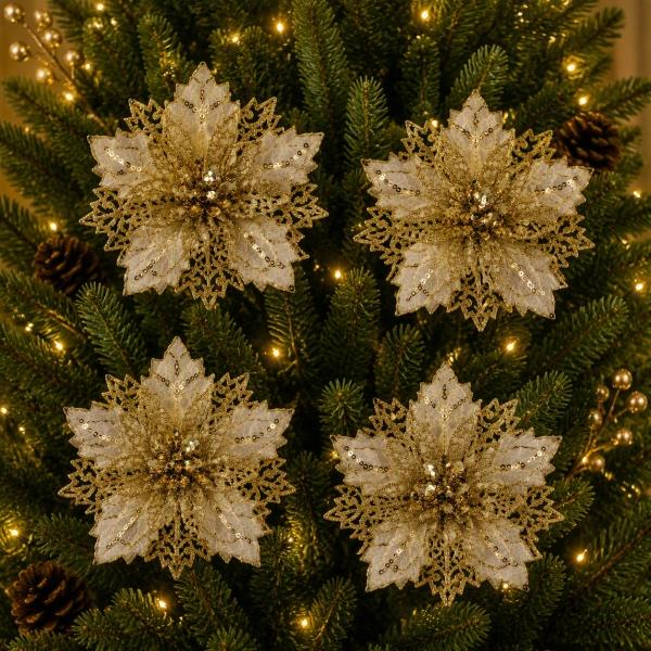 COLGANTE NAVIDEÑO NOCHE BUENA 4 PIEZAS CON CLIP 16.5 CM DORADO CON BRILLOS