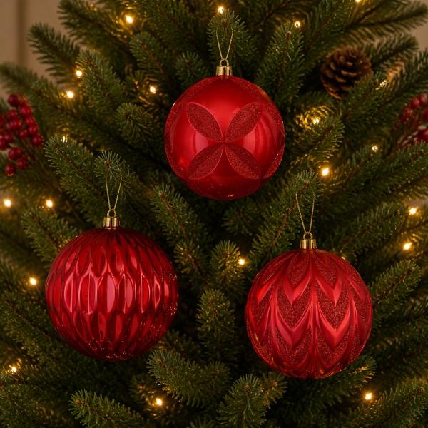 ESFERA NAVIDEÑA 1 PIEZA 20 CM COLECCIÓN ROJA CON BRILLOS 3 DISEÑOS DIFERENTES