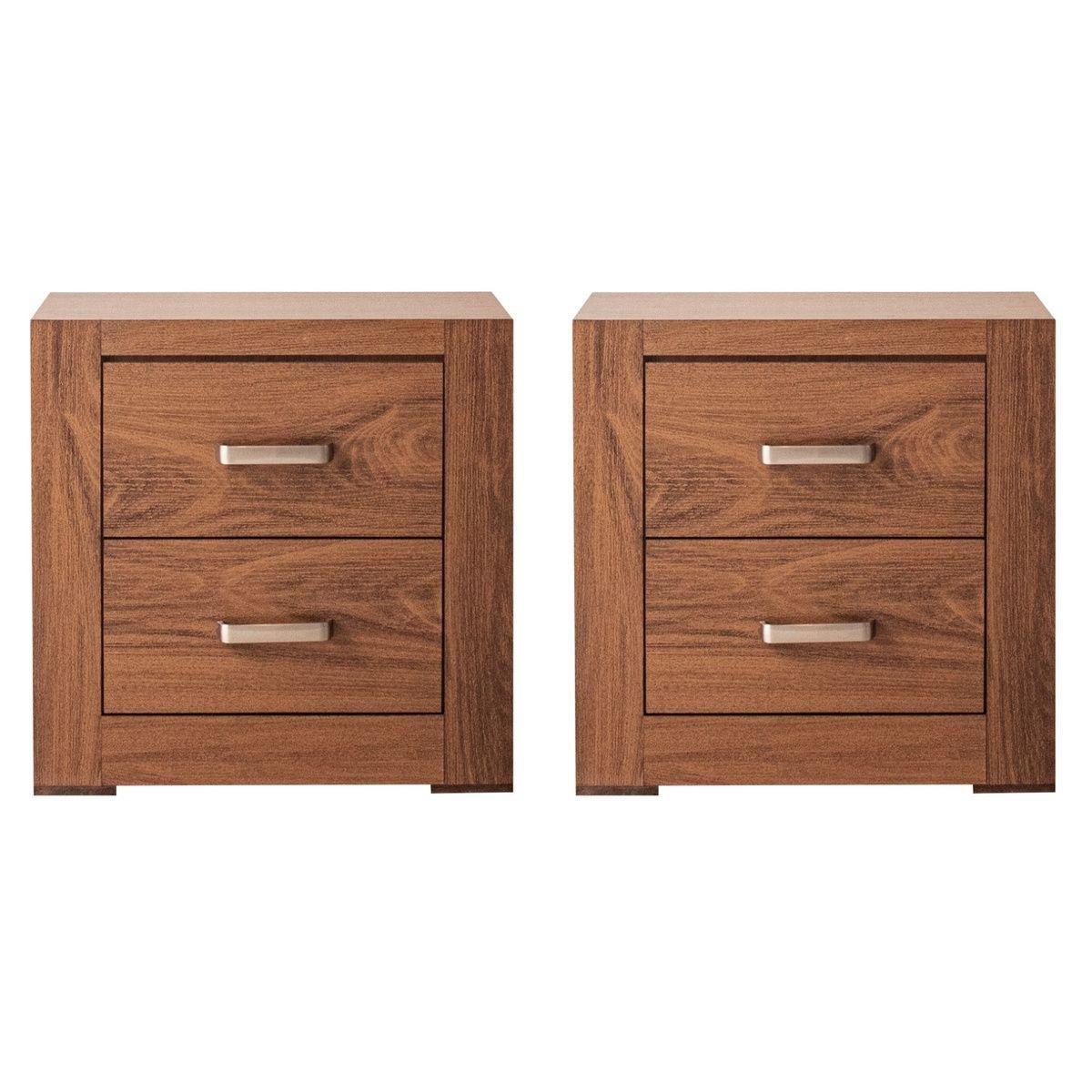 Set de 2 burós con 2 cajones color nogal con jaladeras de metal - madera industrializada