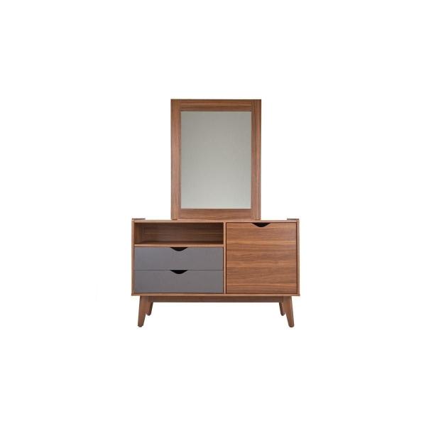 TOCADOR - CAJONERA Y ESPEJO COLOR NOGAL Y GRIS - MADERA MDF Y MELAMINA