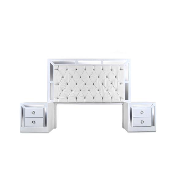 CABECERA TAPIZADA KING SIZE CON 2 BURÓS DE 2 CAJONES COLOR BLANCO Y PLATA - MADERA MDF