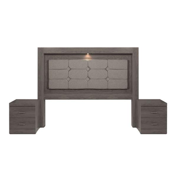 CABECERA TAPIZADA KING SIZE CON 2 BURÓS DE 2 CAJONES COLOR GRIS - MADERA INDUSTRIALIZADA Y TAPIZADO