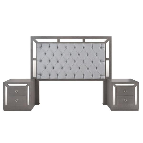 CABECERA TAPIZADA KING SIZE CON 2 BURÓS DE 2 CAJONES COLOR GRIS - MADERA INDUSTRIALIZADA