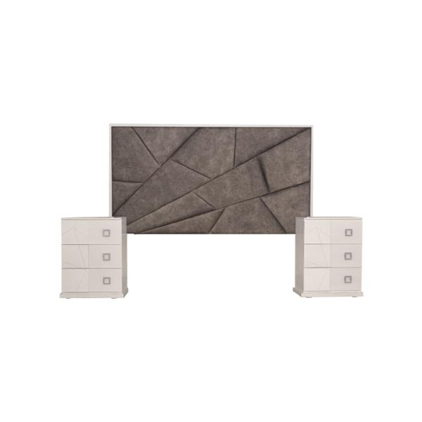 CABECERA TAPIZADA KING SIZE CON 2 BURÓS DE 3 CAJONES COLOR GRIS Y BLANCO - MADERA INDUSTRIALIZADA Y TAPIZADO