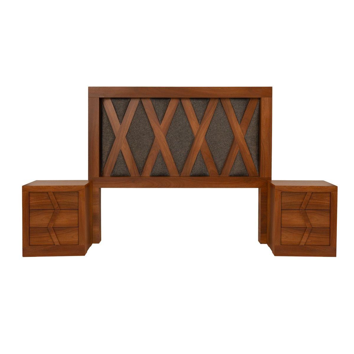 Cabecera tapizada king size con 2 burós de 3 cajones color parota y gris - melamina y tapizado