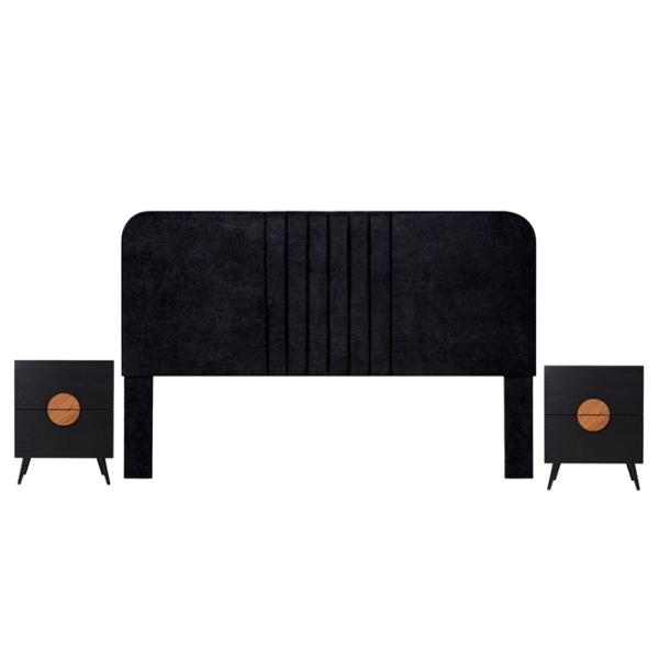 CABECERA KING SIZE CON 2 BURÓS DE 2 CAJONES COLOR NEGRO - MDF, MELAMINA Y TAPIZ